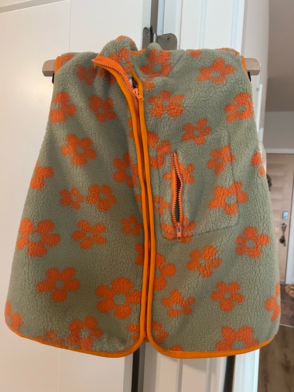 Floral Fleece Vest in Sage Green & Bright Orange